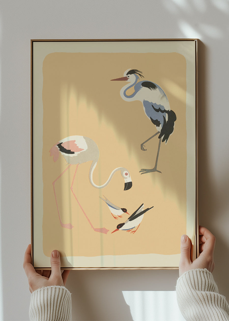 Flamingo Heron and Small Birds Illustration Print by Elena Pavlovna Gertik
