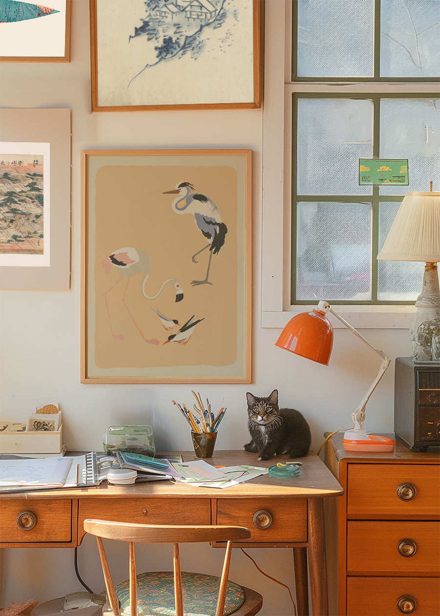 Flamingo Heron and Small Birds Illustration Print by Elena Pavlovna Gertik