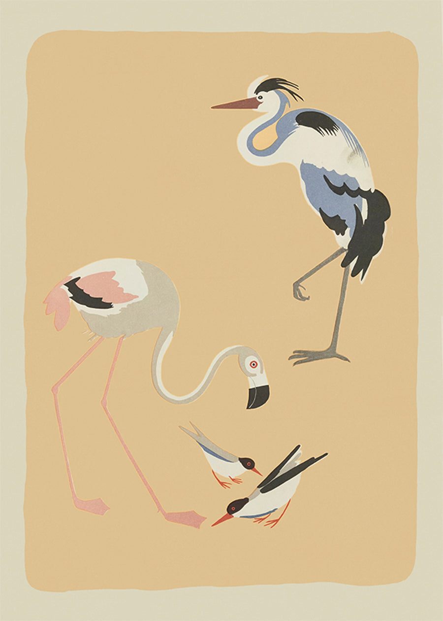 Flamingo Heron and Small Birds Illustration Print by Elena Pavlovna Gertik