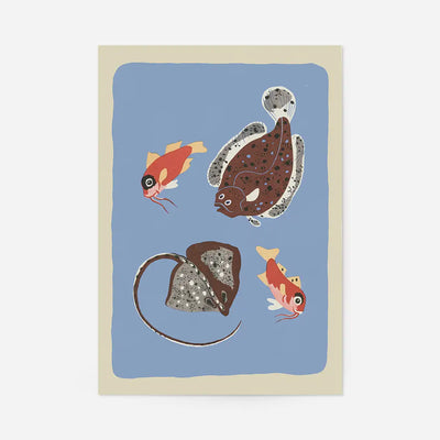Stingray and fish illustration art print featuring hand-drawn marine animals