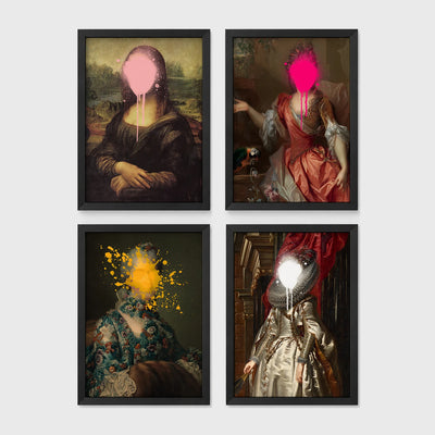Set of 4 framed prints, classical portraits with graffiti-style overlays: a classical woman's portrait overlaid with colourful polka dots; a portrait of George Washington framed by colourful graffiti; a classical woman's portrait with a "Cute" graffiti bubble tag; and a classical child's portrait covered in graffiti stickers — unframed