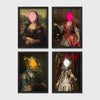 Set of 4 framed prints, classical portraits with graffiti-style overlays: a classical woman's portrait overlaid with colourful polka dots; a portrait of George Washington framed by colourful graffiti; a classical woman's portrait with a "Cute" graffiti bubble tag; and a classical child's portrait covered in graffiti stickers — unframed