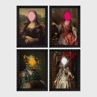Set of 4 framed prints, classical portraits with graffiti-style overlays: a classical woman's portrait overlaid with colourful polka dots; a portrait of George Washington framed by colourful graffiti; a classical woman's portrait with a "Cute" graffiti bubble tag; and a classical child's portrait covered in graffiti stickers — unframed