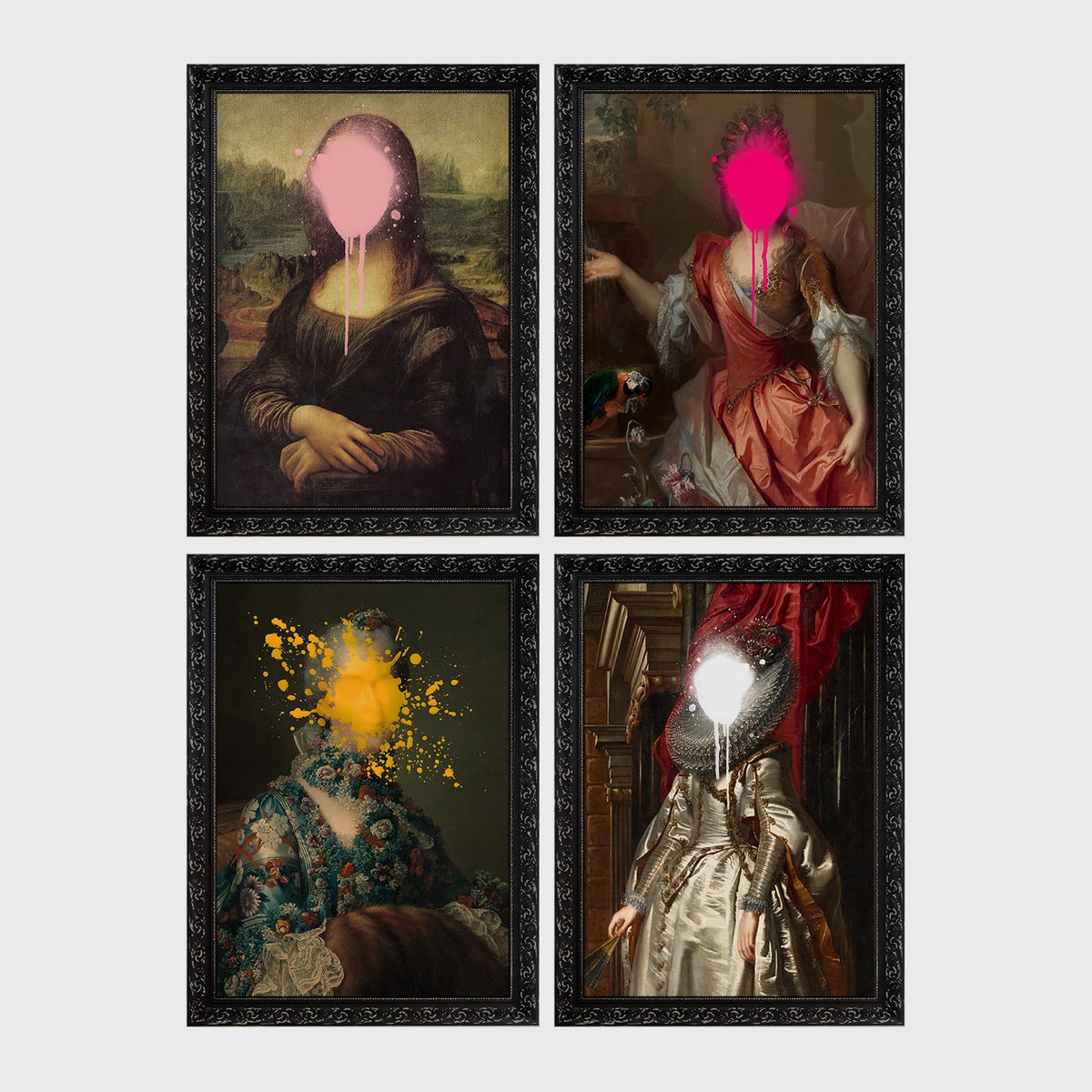 Set of 4 framed prints, classical portraits with graffiti-style overlays: a classical woman's portrait overlaid with colourful polka dots; a portrait of George Washington framed by colourful graffiti; a classical woman's portrait with a "Cute" graffiti bubble tag; and a classical child's portrait covered in graffiti stickers — unframed