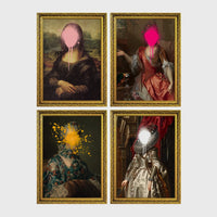 Set of 4 framed prints, classical portraits with graffiti-style overlays: a classical woman's portrait overlaid with colourful polka dots; a portrait of George Washington framed by colourful graffiti; a classical woman's portrait with a "Cute" graffiti bubble tag; and a classical child's portrait covered in graffiti stickers — unframed