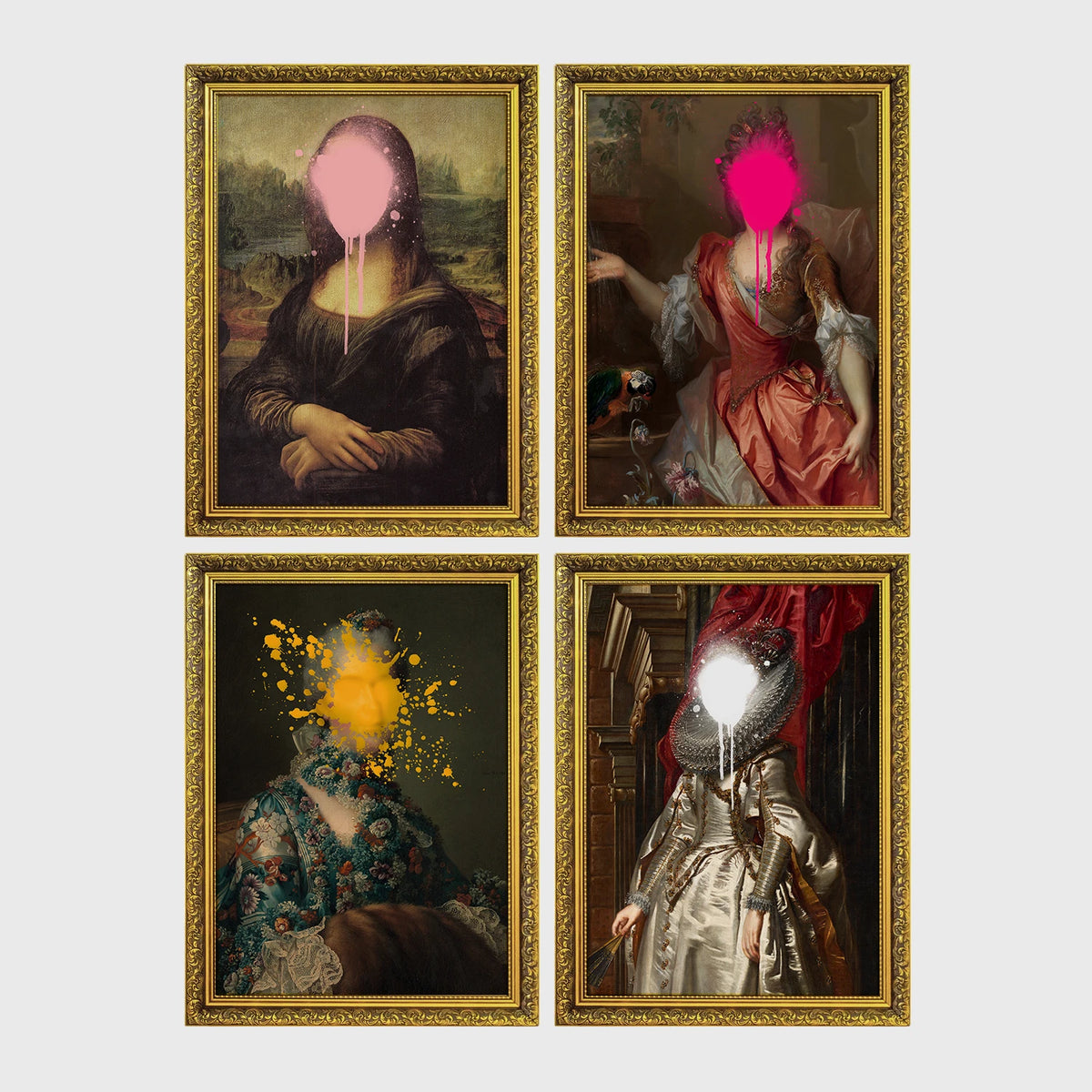 Set of 4 framed prints, classical portraits with graffiti-style overlays: a classical woman's portrait overlaid with colourful polka dots; a portrait of George Washington framed by colourful graffiti; a classical woman's portrait with a "Cute" graffiti bubble tag; and a classical child's portrait covered in graffiti stickers — unframed