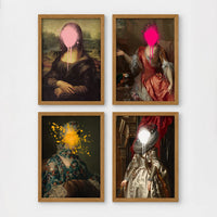 Set of 4 framed prints, classical portraits with graffiti-style overlays: a classical woman's portrait overlaid with colourful polka dots; a portrait of George Washington framed by colourful graffiti; a classical woman's portrait with a "Cute" graffiti bubble tag; and a classical child's portrait covered in graffiti stickers — unframed