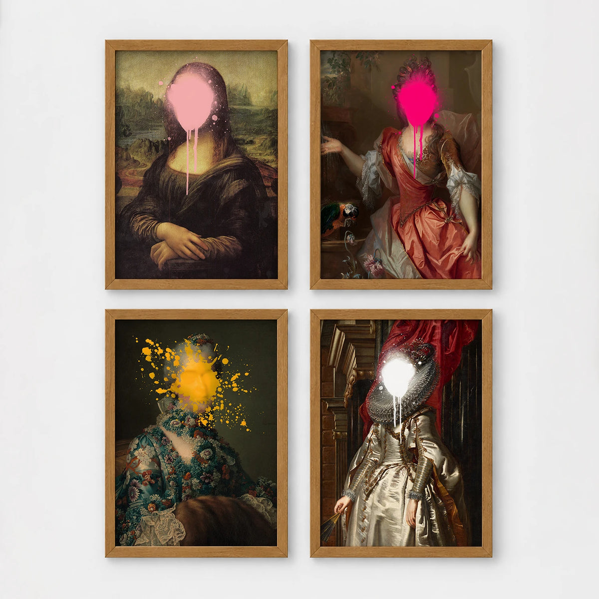 Set of 4 framed prints, classical portraits with graffiti-style overlays: a classical woman's portrait overlaid with colourful polka dots; a portrait of George Washington framed by colourful graffiti; a classical woman's portrait with a "Cute" graffiti bubble tag; and a classical child's portrait covered in graffiti stickers — unframed