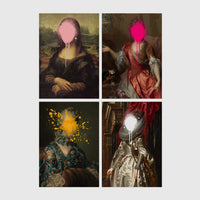 Set of 4 framed prints, classical portraits with graffiti-style overlays: a classical woman's portrait overlaid with colourful polka dots; a portrait of George Washington framed by colourful graffiti; a classical woman's portrait with a "Cute" graffiti bubble tag; and a classical child's portrait covered in graffiti stickers — unframed