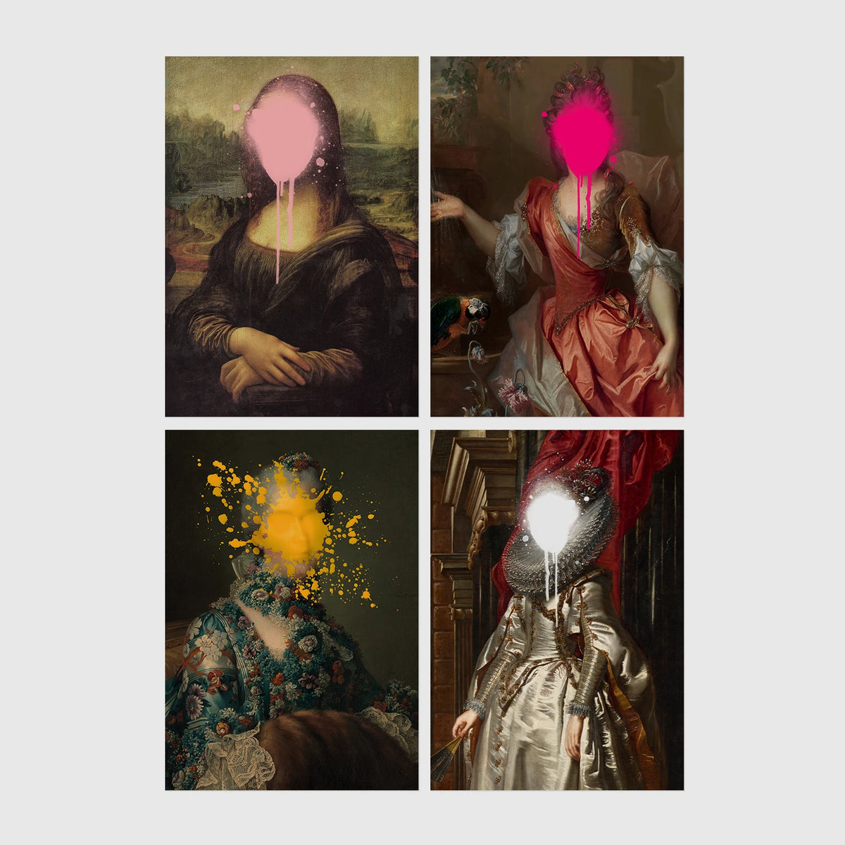 Set of 4 framed prints, classical portraits with graffiti-style overlays: a classical woman's portrait overlaid with colourful polka dots; a portrait of George Washington framed by colourful graffiti; a classical woman's portrait with a "Cute" graffiti bubble tag; and a classical child's portrait covered in graffiti stickers — unframed