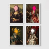 Set of 4 framed prints, classical portraits with graffiti-style overlays: a classical woman's portrait overlaid with colourful polka dots; a portrait of George Washington framed by colourful graffiti; a classical woman's portrait with a "Cute" graffiti bubble tag; and a classical child's portrait covered in graffiti stickers — unframed