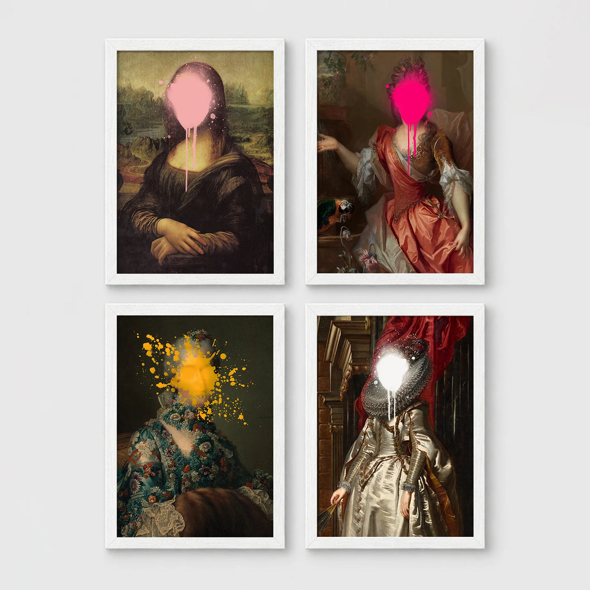 Set of 4 framed prints, classical portraits with graffiti-style overlays: a classical woman's portrait overlaid with colourful polka dots; a portrait of George Washington framed by colourful graffiti; a classical woman's portrait with a "Cute" graffiti bubble tag; and a classical child's portrait covered in graffiti stickers — unframed