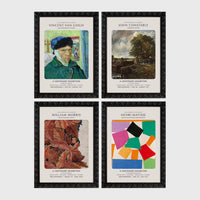 Set of 4 framed prints, famous artist exhibition posters — unframed
