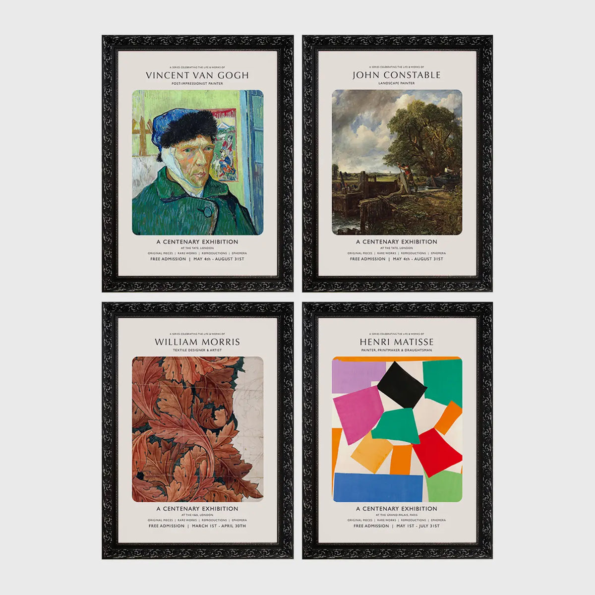 Set of 4 framed prints, famous artist exhibition posters — unframed
