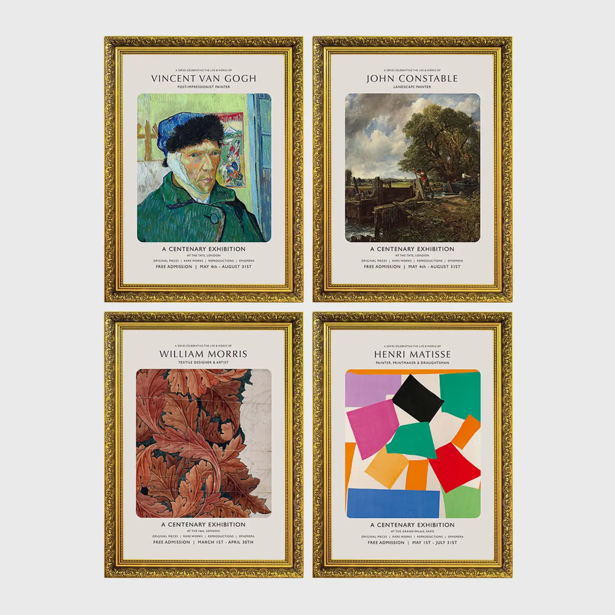 Set of 4 framed prints, famous artist exhibition posters — unframed