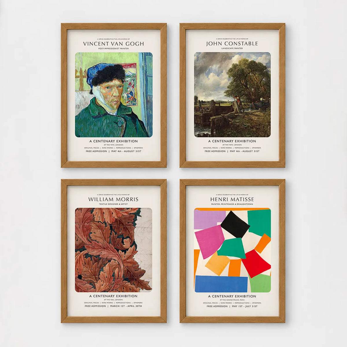 Set of 4 framed prints, famous artist exhibition posters — unframed