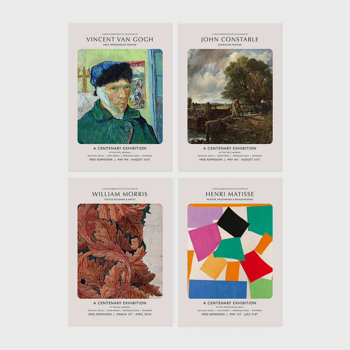 Set of 4 framed prints, famous artist exhibition posters — unframed