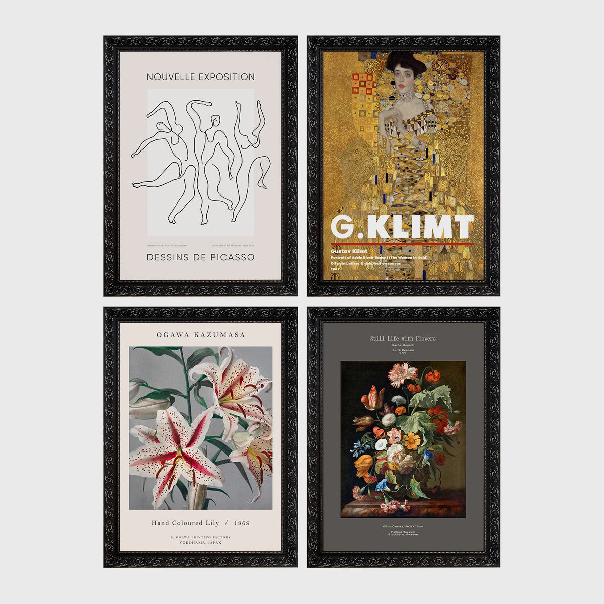 Set of 4 framed prints, classical portraits with paint-splat overlays: the Mona Lisa with a pink paint splat over the face; a classical portrait with a hot pink paint splat over the face; a classical portrait with a gold paint splat over the face; and a classical portrait with a white paint splat over the face — unframed
