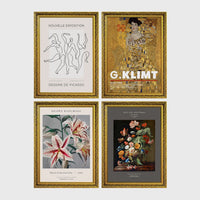 Set of 4 framed prints, classical portraits with paint-splat overlays: the Mona Lisa with a pink paint splat over the face; a classical portrait with a hot pink paint splat over the face; a classical portrait with a gold paint splat over the face; and a classical portrait with a white paint splat over the face — unframed