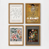 Set of 4 framed prints, classical portraits with paint-splat overlays: the Mona Lisa with a pink paint splat over the face; a classical portrait with a hot pink paint splat over the face; a classical portrait with a gold paint splat over the face; and a classical portrait with a white paint splat over the face — unframed