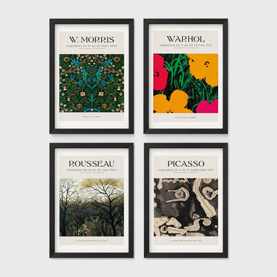 Set of 4 framed prints, famous artist exhibition posters: a Picasso line-drawing dancers exhibition poster ("Nouvelle Exposition, Dessins de Picasso"); a Klimt gold portrait exhibition poster ("G. Klimt"); an Ogawa Kazumasa hand-coloured lily botanical print; and a still life flower exhibition poster — unframed