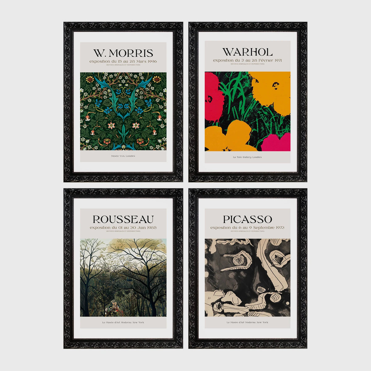 Set of 4 framed prints, famous artist exhibition posters: a Picasso line-drawing dancers exhibition poster ("Nouvelle Exposition, Dessins de Picasso"); a Klimt gold portrait exhibition poster ("G. Klimt"); an Ogawa Kazumasa hand-coloured lily botanical print; and a still life flower exhibition poster — unframed