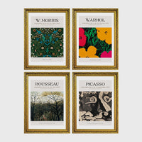 Set of 4 framed prints, famous artist exhibition posters: a Picasso line-drawing dancers exhibition poster ("Nouvelle Exposition, Dessins de Picasso"); a Klimt gold portrait exhibition poster ("G. Klimt"); an Ogawa Kazumasa hand-coloured lily botanical print; and a still life flower exhibition poster — unframed