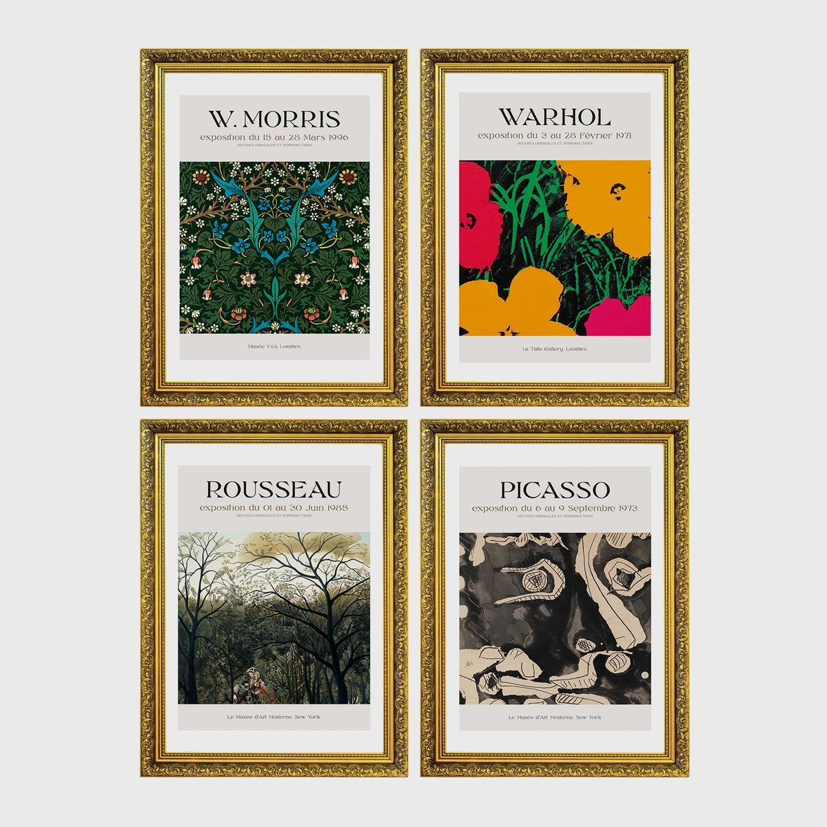 Set of 4 framed prints, famous artist exhibition posters: a Picasso line-drawing dancers exhibition poster ("Nouvelle Exposition, Dessins de Picasso"); a Klimt gold portrait exhibition poster ("G. Klimt"); an Ogawa Kazumasa hand-coloured lily botanical print; and a still life flower exhibition poster — unframed