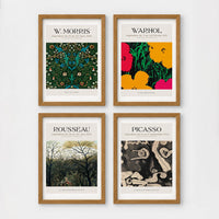 Set of 4 framed prints, famous artist exhibition posters: a Picasso line-drawing dancers exhibition poster ("Nouvelle Exposition, Dessins de Picasso"); a Klimt gold portrait exhibition poster ("G. Klimt"); an Ogawa Kazumasa hand-coloured lily botanical print; and a still life flower exhibition poster — unframed
