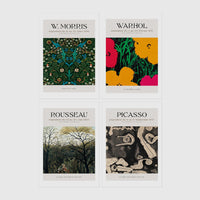 Set of 4 framed prints, famous artist exhibition posters: a Picasso line-drawing dancers exhibition poster ("Nouvelle Exposition, Dessins de Picasso"); a Klimt gold portrait exhibition poster ("G. Klimt"); an Ogawa Kazumasa hand-coloured lily botanical print; and a still life flower exhibition poster — unframed