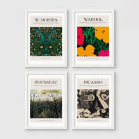 Set of 4 framed prints, famous artist exhibition posters: a Picasso line-drawing dancers exhibition poster ("Nouvelle Exposition, Dessins de Picasso"); a Klimt gold portrait exhibition poster ("G. Klimt"); an Ogawa Kazumasa hand-coloured lily botanical print; and a still life flower exhibition poster — unframed