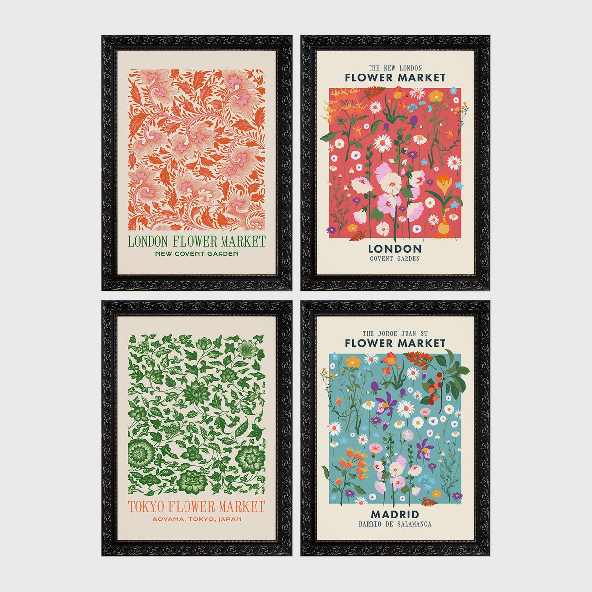 Set of 4 framed prints, antique botanical citrus illustrations: an orange branch with blossom; a citrus branch with fruit and blossom; a lemon branch with fruit; and orange and lemon slices on a branch — unframed