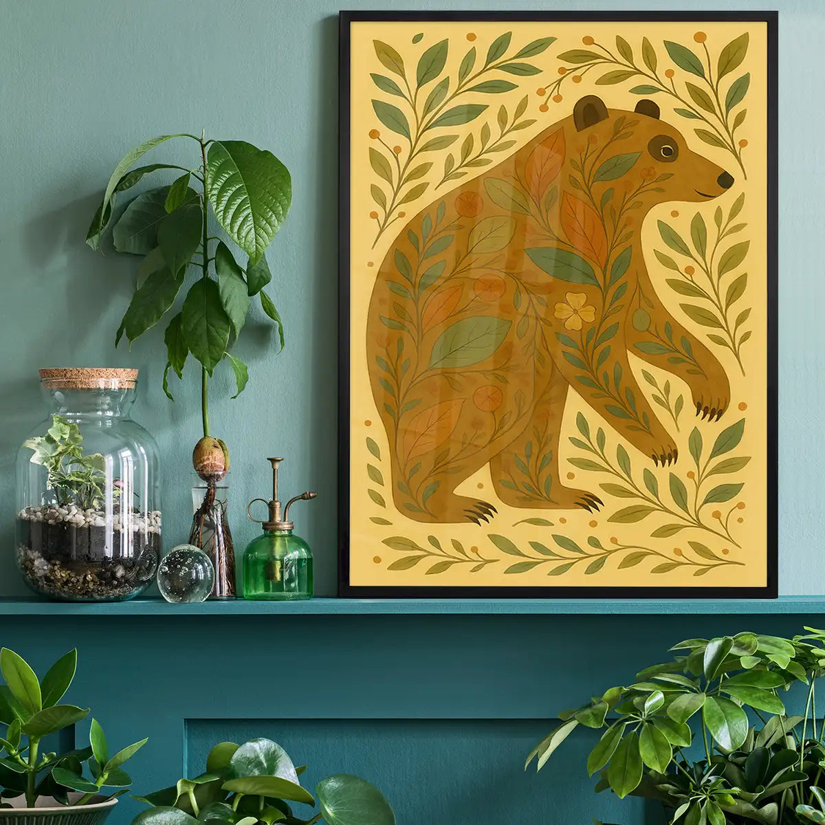 Bear and Leaves Folk Art Painting Print