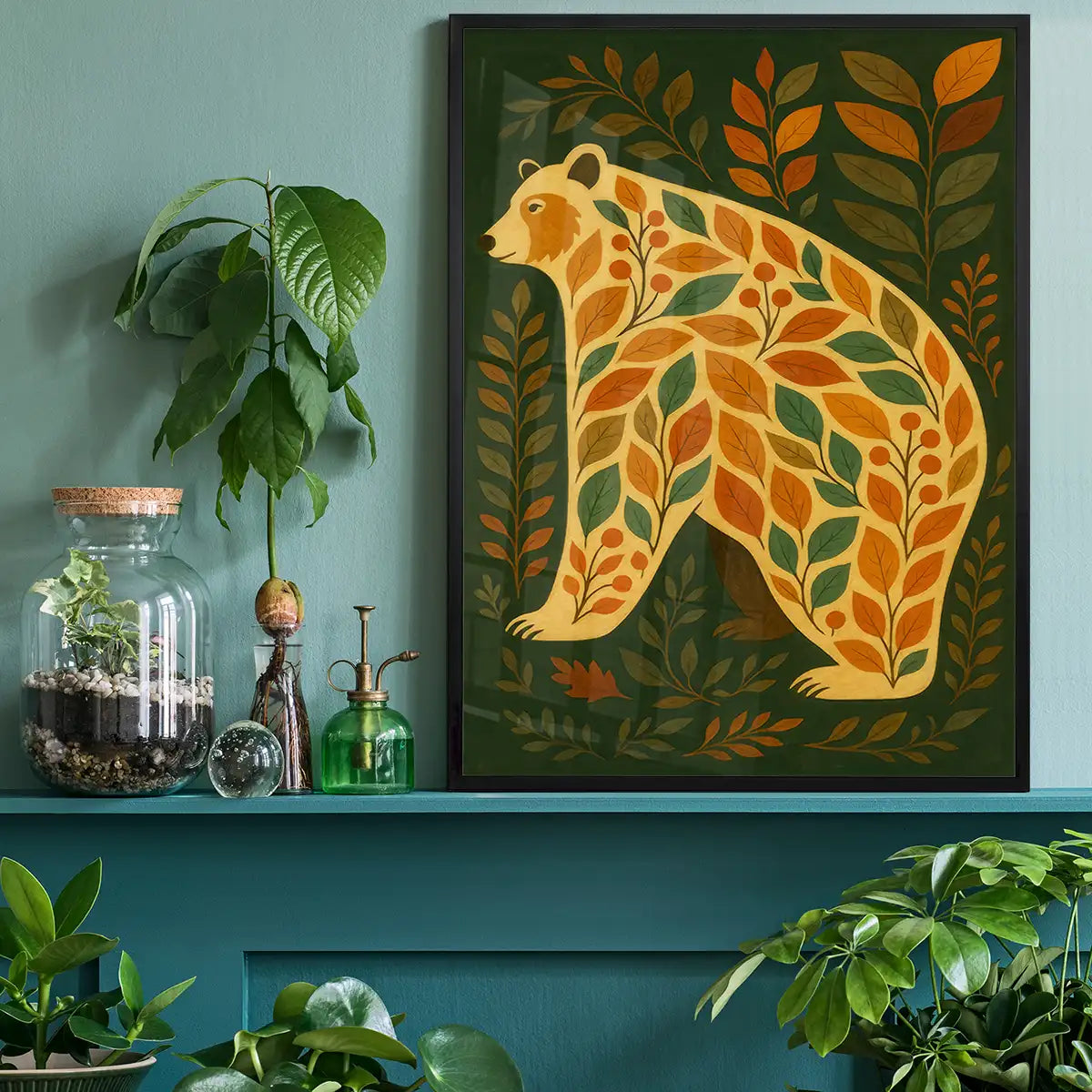 Dark green Bear Folk Art Painting Print