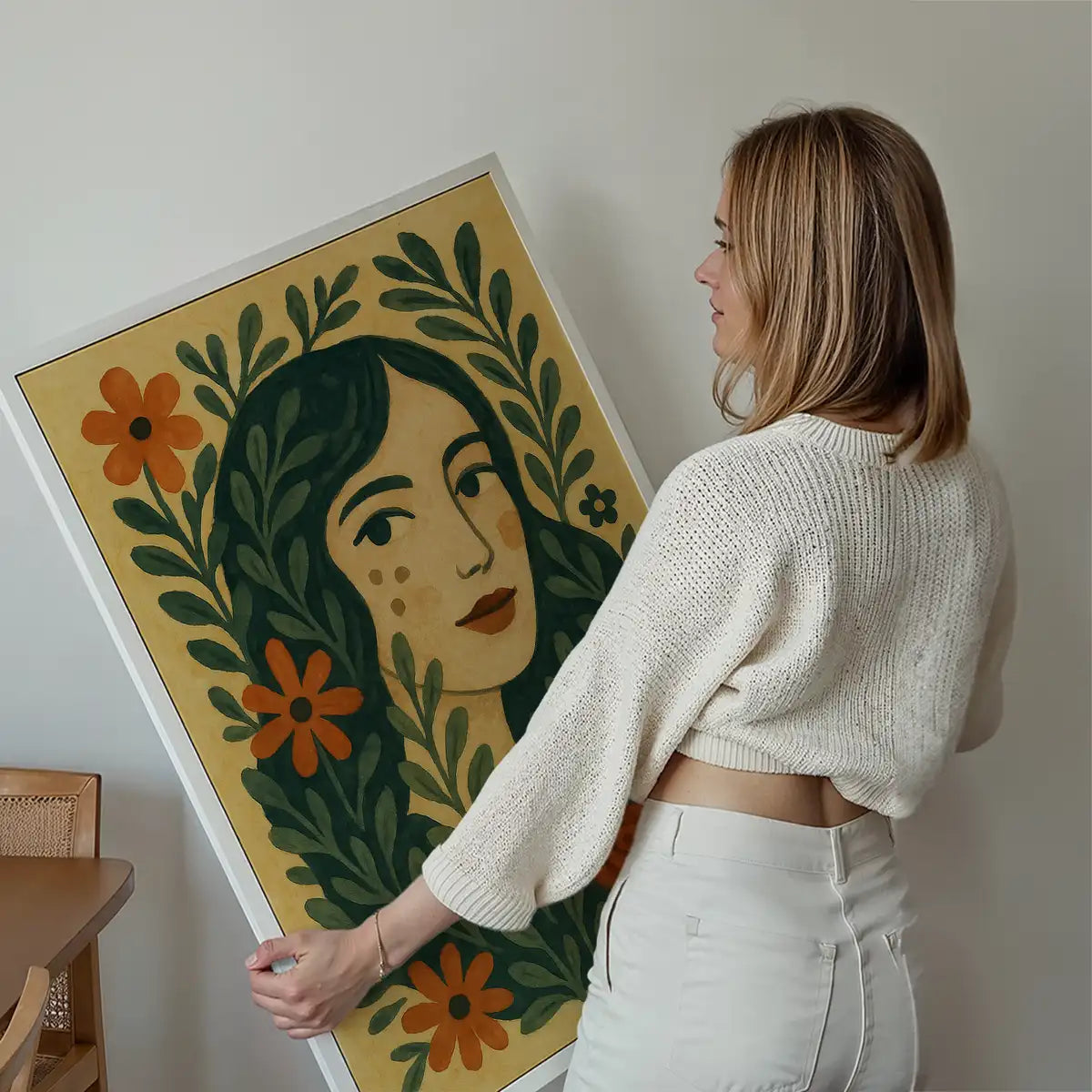 Girl and Leaves Folk Art Painting Print