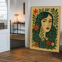 Girl and Leaves Folk Art Painting Print