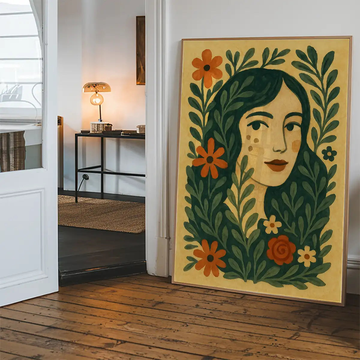 Girl and Leaves Folk Art Painting Print