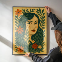 Girl and Leaves Folk Art Painting Print