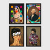 Set of 4 framed prints, classical portraits with playful modern alterations: a classical portrait with "Rock & Roll" text; a classical man's portrait half-covered by a bright pink paint smear; a classical Madonna-style portrait overlaid with colourful polka dots; and a Monet-style sunset seascape with "Baby I Got Your Monet" text — unframed