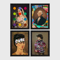 Set of 4 framed prints, classical portraits with playful modern alterations: a classical portrait with "Rock & Roll" text; a classical man's portrait half-covered by a bright pink paint smear; a classical Madonna-style portrait overlaid with colourful polka dots; and a Monet-style sunset seascape with "Baby I Got Your Monet" text — unframed