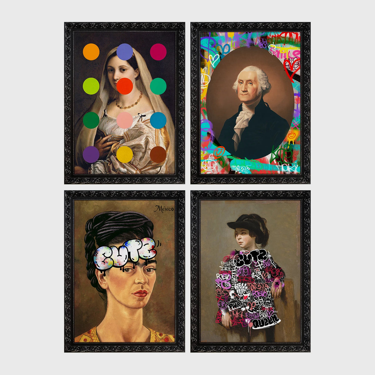 Set of 4 framed prints, classical portraits with playful modern alterations: a classical portrait with "Rock & Roll" text; a classical man's portrait half-covered by a bright pink paint smear; a classical Madonna-style portrait overlaid with colourful polka dots; and a Monet-style sunset seascape with "Baby I Got Your Monet" text — unframed