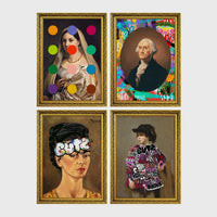 Set of 4 framed prints, classical portraits with playful modern alterations: a classical portrait with "Rock & Roll" text; a classical man's portrait half-covered by a bright pink paint smear; a classical Madonna-style portrait overlaid with colourful polka dots; and a Monet-style sunset seascape with "Baby I Got Your Monet" text — unframed