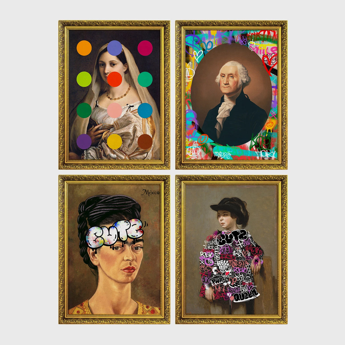 Set of 4 framed prints, classical portraits with playful modern alterations: a classical portrait with "Rock & Roll" text; a classical man's portrait half-covered by a bright pink paint smear; a classical Madonna-style portrait overlaid with colourful polka dots; and a Monet-style sunset seascape with "Baby I Got Your Monet" text — unframed
