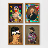 Set of 4 framed prints, classical portraits with playful modern alterations: a classical portrait with "Rock & Roll" text; a classical man's portrait half-covered by a bright pink paint smear; a classical Madonna-style portrait overlaid with colourful polka dots; and a Monet-style sunset seascape with "Baby I Got Your Monet" text — unframed