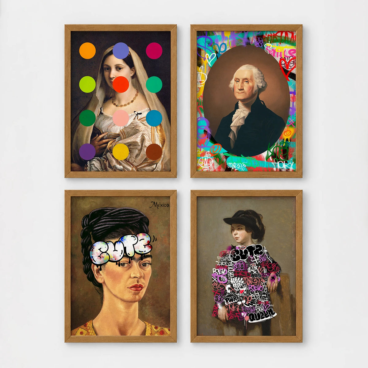 Set of 4 framed prints, classical portraits with playful modern alterations: a classical portrait with "Rock & Roll" text; a classical man's portrait half-covered by a bright pink paint smear; a classical Madonna-style portrait overlaid with colourful polka dots; and a Monet-style sunset seascape with "Baby I Got Your Monet" text — unframed