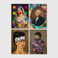 Set of 4 framed prints, classical portraits with playful modern alterations: a classical portrait with "Rock & Roll" text; a classical man's portrait half-covered by a bright pink paint smear; a classical Madonna-style portrait overlaid with colourful polka dots; and a Monet-style sunset seascape with "Baby I Got Your Monet" text — unframed