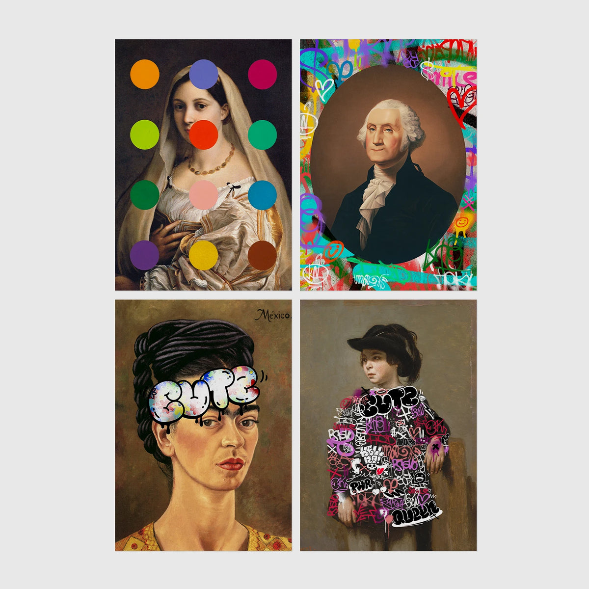 Set of 4 framed prints, classical portraits with playful modern alterations: a classical portrait with "Rock & Roll" text; a classical man's portrait half-covered by a bright pink paint smear; a classical Madonna-style portrait overlaid with colourful polka dots; and a Monet-style sunset seascape with "Baby I Got Your Monet" text — unframed