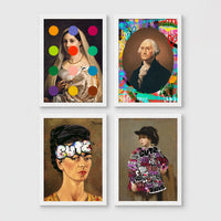Set of 4 framed prints, classical portraits with playful modern alterations: a classical portrait with "Rock & Roll" text; a classical man's portrait half-covered by a bright pink paint smear; a classical Madonna-style portrait overlaid with colourful polka dots; and a Monet-style sunset seascape with "Baby I Got Your Monet" text — unframed