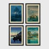 Set of 4 framed prints, Kawase Hasui Japanese woodblock prints (night scenes): a moonlit tree and stone lantern at night; a misty rain-soaked house with lantern light at dusk; sailboats moored at a harbour at dawn; and a canal bridge scene with a figure and umbrella at twilight — unframed