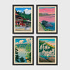 Set of 4 framed prints, Kawase Hasui Japanese woodblock prints: a red shrine framed by pine trees under a blue sky; a pink sunset over a lake with a moored boat; a lake view framed by pine branches beneath drifting clouds; and green coastal cliffs with a waterfall over turquoise water — unframed